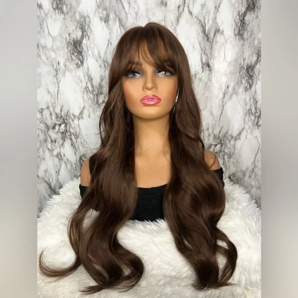 28 Inch Wig Brown Loose Wavy Wig With Bangs long Luxury hair